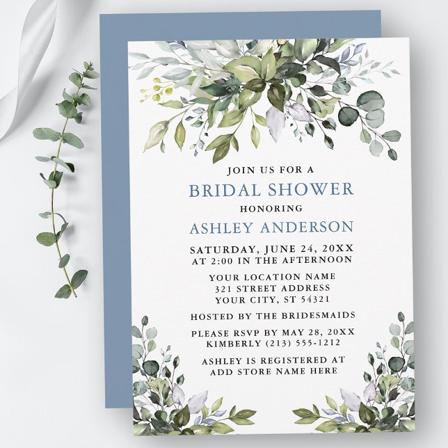 Convite Watercolor Greenery Dusty Blue Bridal Shower (Customize to change text color, text style or color of back of card.)