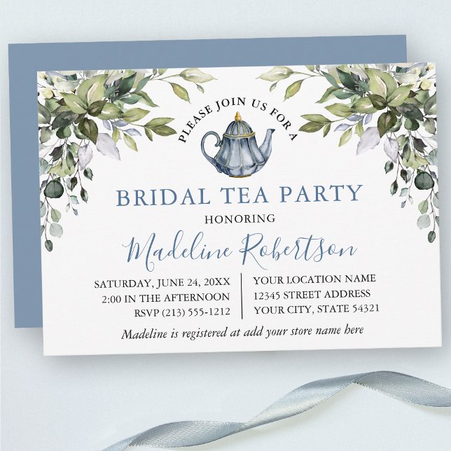 Convite Watercolor Greenery Dusty Blue Bridal Tea Party (Customize to change text color, text style or color of back of card.)
