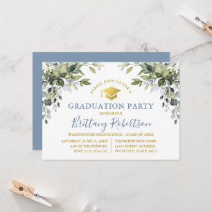 Convite Watercolor Greenery Dusty Blue Dourado Party