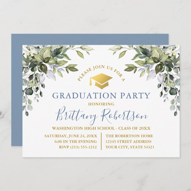 Convite Watercolor Greenery Dusty Blue Dourado Party (Frente/Verso)