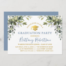 Convite Watercolor Greenery Dusty Blue Dourado Party