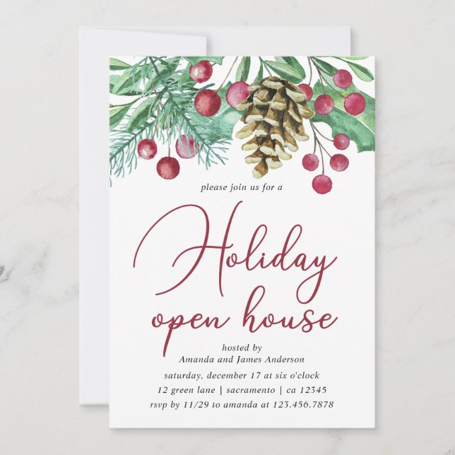 Convite Watercolor Greenery E Berries Feriados, Casa Abert (Frente)