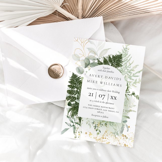 Convite Watercolor Greenery e Dourado Casamento Elegante (Criador carregado)