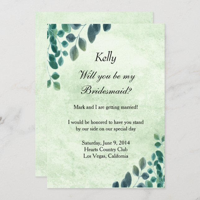 Convite Watercolor Greenery Eucalyptus Deixa Bridesmaid (Frente/Verso)