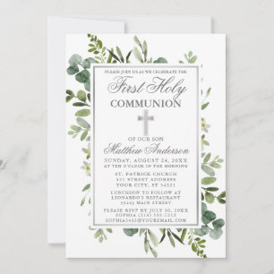 Convite Watercolor Greenery First Communion Silver