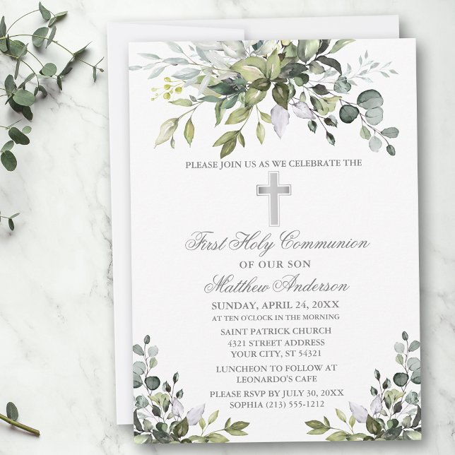 Convite Watercolor Greenery First Communion Silver (Customize to change text color, size, style or to add photos or more text to back of card.)