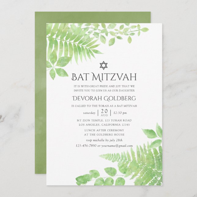 Convite Watercolor Greenery Foliage Bat Mitzvah (Frente/Verso)