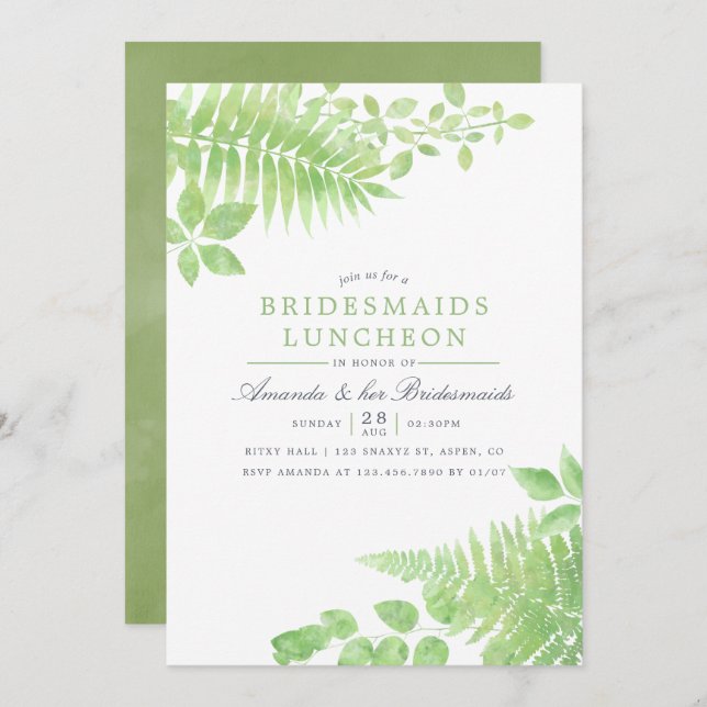 Convite Watercolor Greenery Foliage Bridesmaids Luncheon (Frente/Verso)