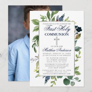 Convite Watercolor Greenery Foto da Primeira Comunhão Sag