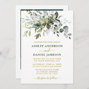 Convite Watercolor Greenery Foto de Casamento Verde Dourad