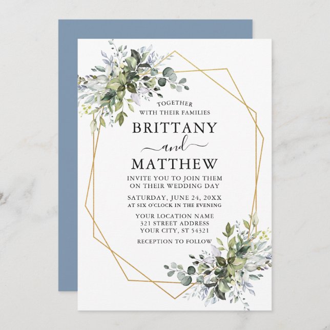 Convite Watercolor Greenery Geo Frame Casamento Dusty Blue (Frente/Verso)