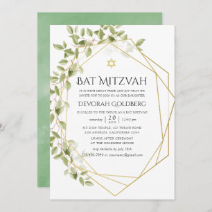 Convite Watercolor Greenery Geométrico Bat Mitzvah
