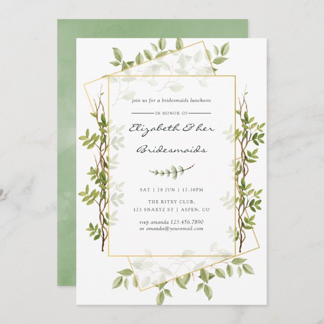 Convite Watercolor Greenery Geométrico Bridesmaids Luncheo (Frente/Verso)