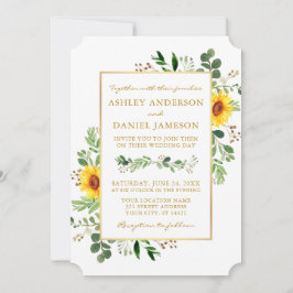Convite Watercolor Greenery Girassóis Dourado Casamento