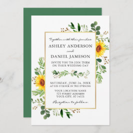 Convite Watercolor Greenery Girassóis Dourado Casamento
