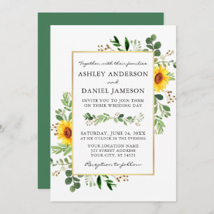 Convite Watercolor Greenery Girassóis Dourado Casamento