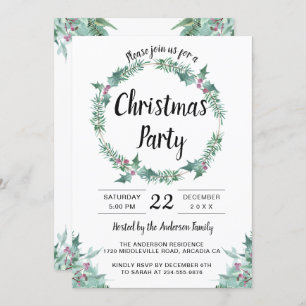 Convite Watercolor Greenery Holly Wreath Festa de Natal