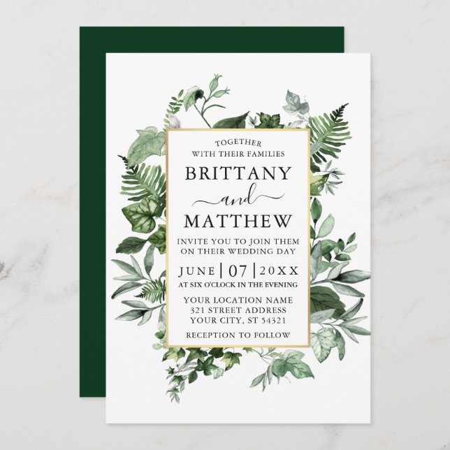Convite Watercolor Greenery Ivy Ferns Sage Casamento Doura (Frente/Verso)