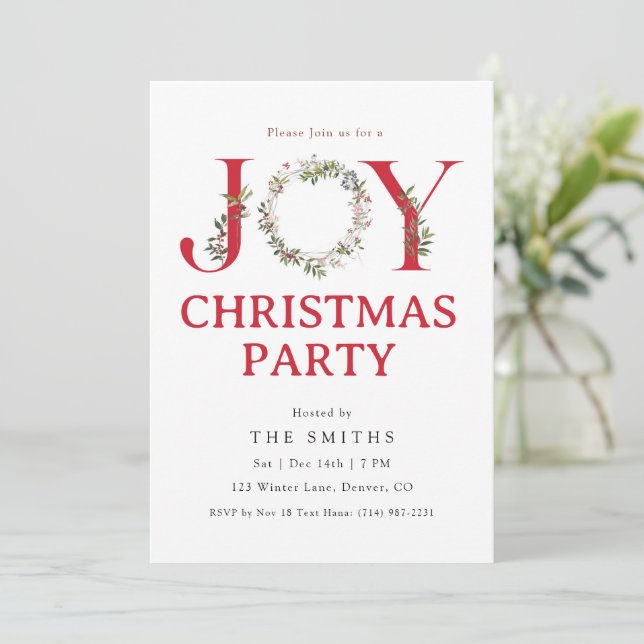 Convite Watercolor Greenery JOY Christmas Party Invitation (Em pé/Frente)