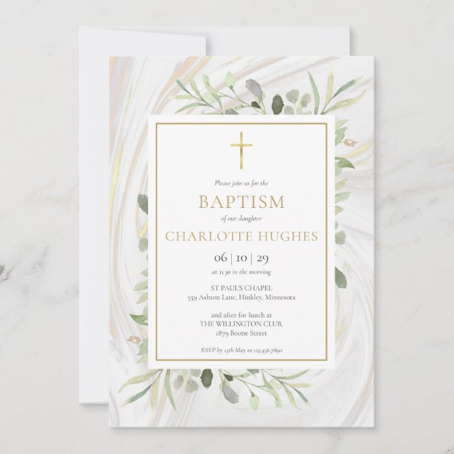 Convite Watercolor Greenery Marble Baptism Christening (Frente)