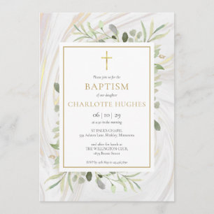 Convite Watercolor Greenery Marble Baptism Christening