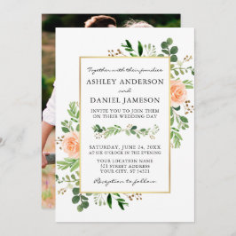 Convite Watercolor Greenery Peach Foto de Rosa Back Casame