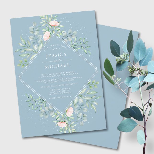 Convite Watercolor Greenery Peach Rosas Dusty Blue Weding (Criador carregado)