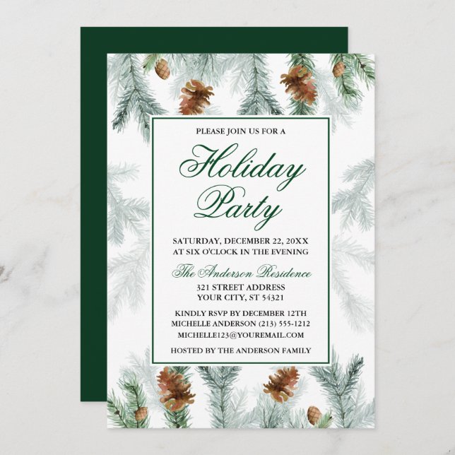 Convite Watercolor Greenery Pine Cones Foliday Party (Frente/Verso)