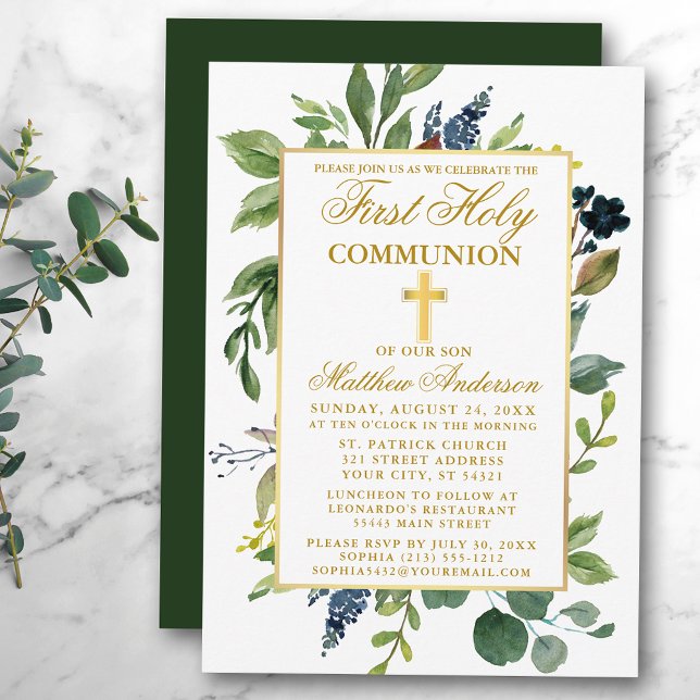 Convite Watercolor Greenery Primeira Comunhão Sagrada Dour (Customize to change text color,  size, style or to change color of back of card.)
