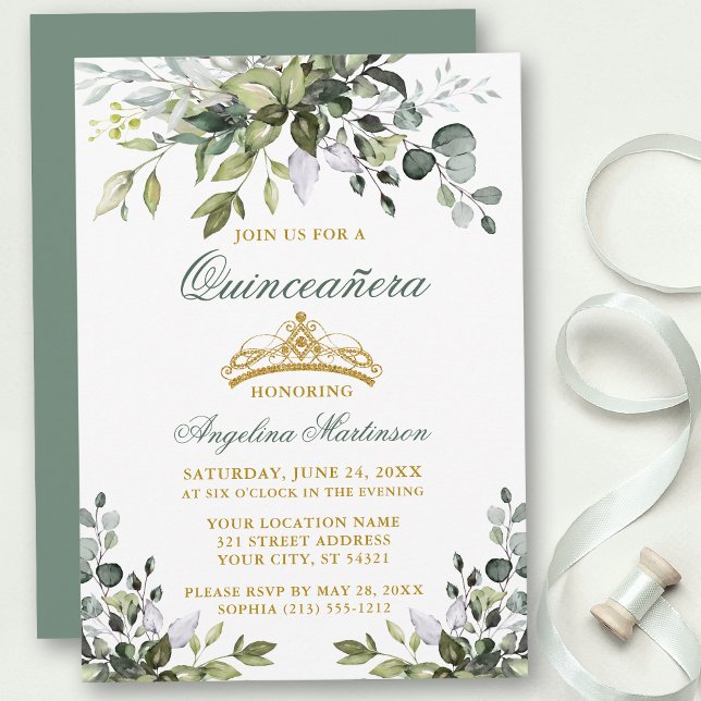 Convite Watercolor Greenery Quinceañera Sage Verde Dourado (Customize to change text color, style, add text & photos to back or change color of back of card.)