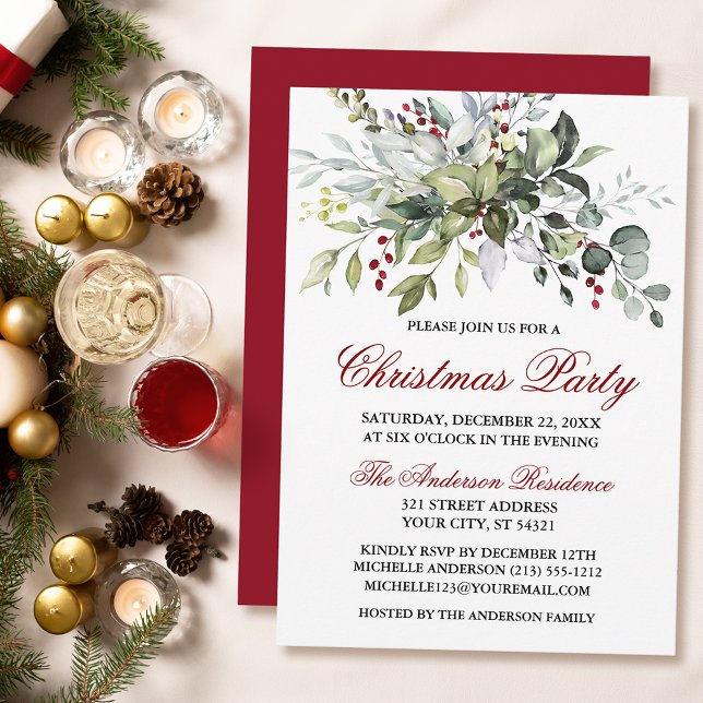 Convite Watercolor Greenery Red Berries Festa de Natal (Customize to change text color, size, style or to change color of back of card.)