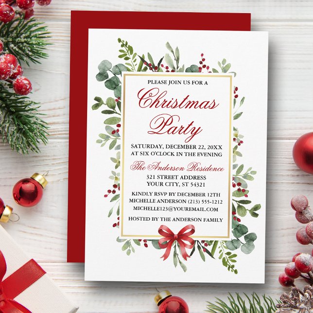 Convite Watercolor Greenery Red Bow Christmas Party (Customize to change color of back of card.)