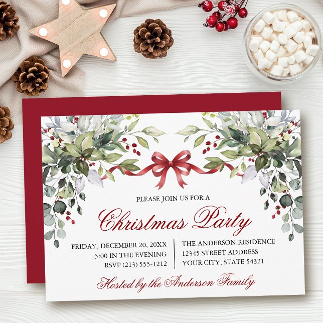 Convite Watercolor Greenery Red Bow Christmas Party (Customize to change text size, color, style or to change color of back of card.)