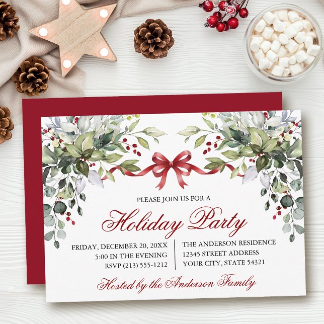 Convite Watercolor Greenery Red Bow Holiday Party (Customize to change text size, color, style or to change color of back of card.)
