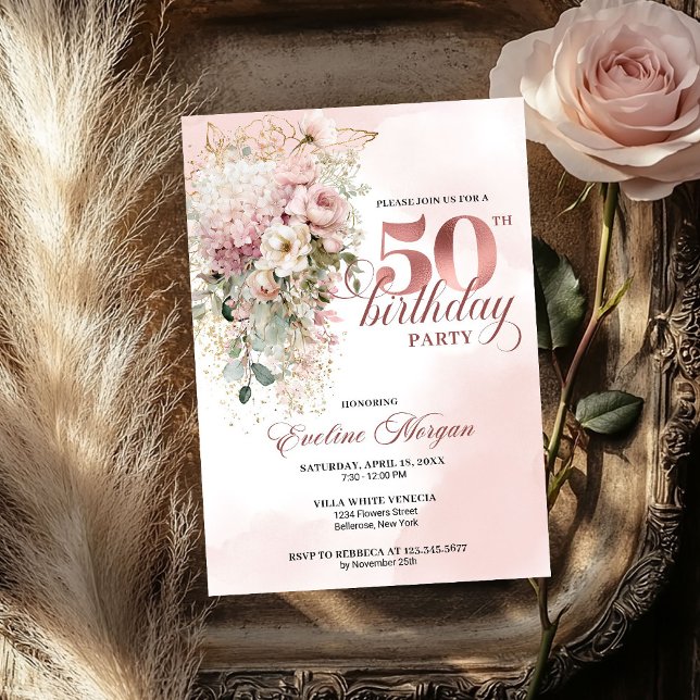 Convite Watercolor Greenery Rose Gold 50th Birthday Invite (Watercolor Greenery Rose Gold 50th Birthday Invite for Women

)