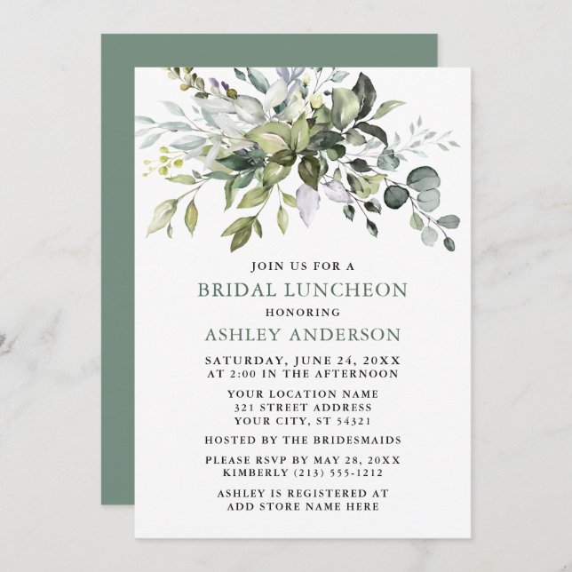 Convite Watercolor Greenery Sage Green Bridal (Frente/Verso)