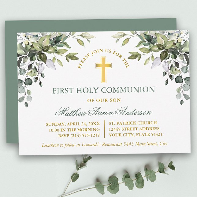 Convite Watercolor Greenery Sage Green Gold Communion (Customize to change text color, text style or color of back of card.)