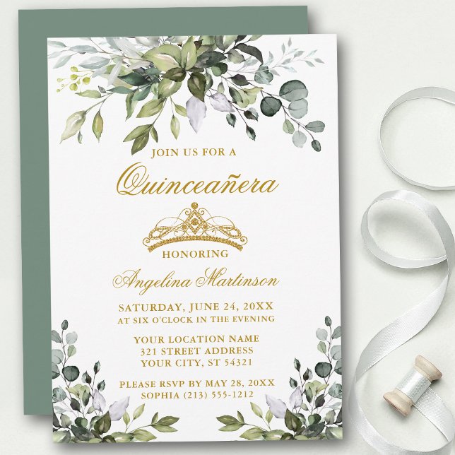Convite Watercolor Greenery Sage Green Quinceañera Dourada (Customize to change text color, style, add text & photos to back or change color of back of card.)