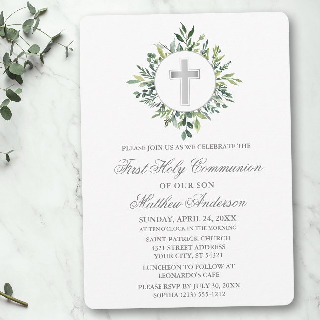 Convite Watercolor Greenery Silver Cross First Community (Customize to change text color, size, style or to add photos or more text to back of card.)