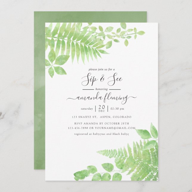 Convite Watercolor Greenery Sip and See (Frente/Verso)