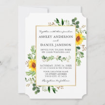 Watercolor Greenery Sunflower Casamento Dourado
