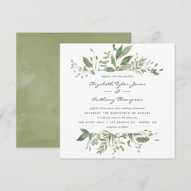Convite Watercolor Greenery Wedding (Frente/Verso)