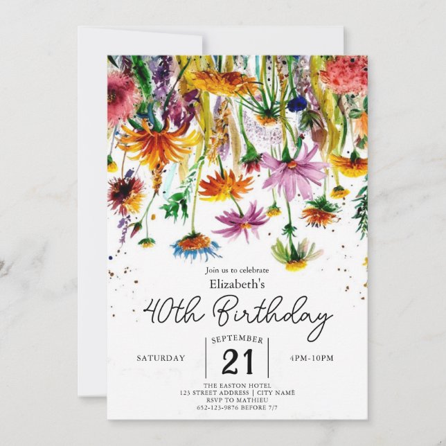 Convite Watercolor Greenery Wildflower aniversário de 40 a (Frente)