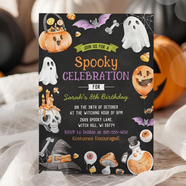 Convite Watercolor Halloween Spooky Um Aniversário (Criador carregado)