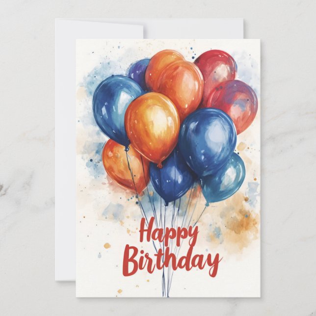 Convite Watercolor Happy Birthday Balloons Aniversário (Frente)