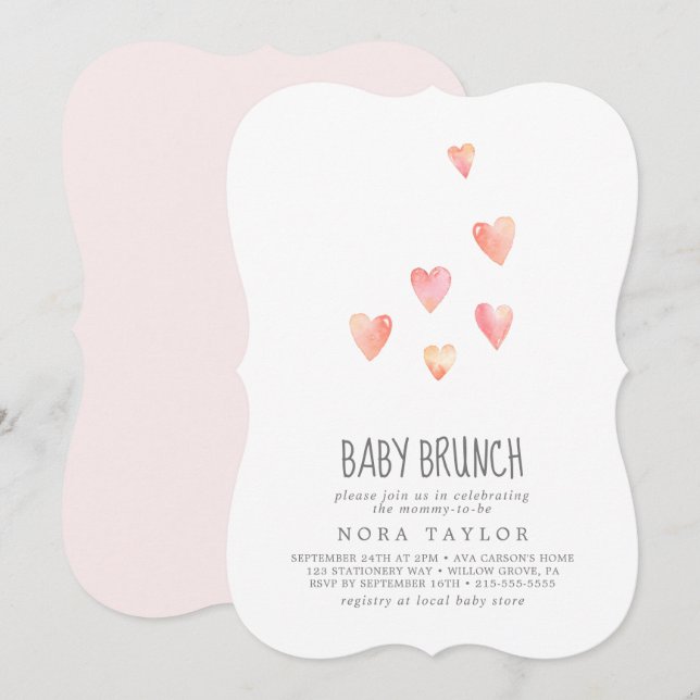 Convite Watercolor Hearts Girl Baby Brunch Invitation (Frente/Verso)