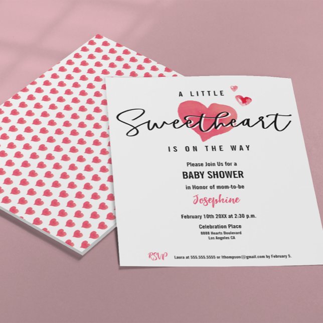 Convite Watercolor Hearts Little Sweetheart Chá de fraldas (A little sweetheart is on the way heart watercolor baby shower invitation template.)