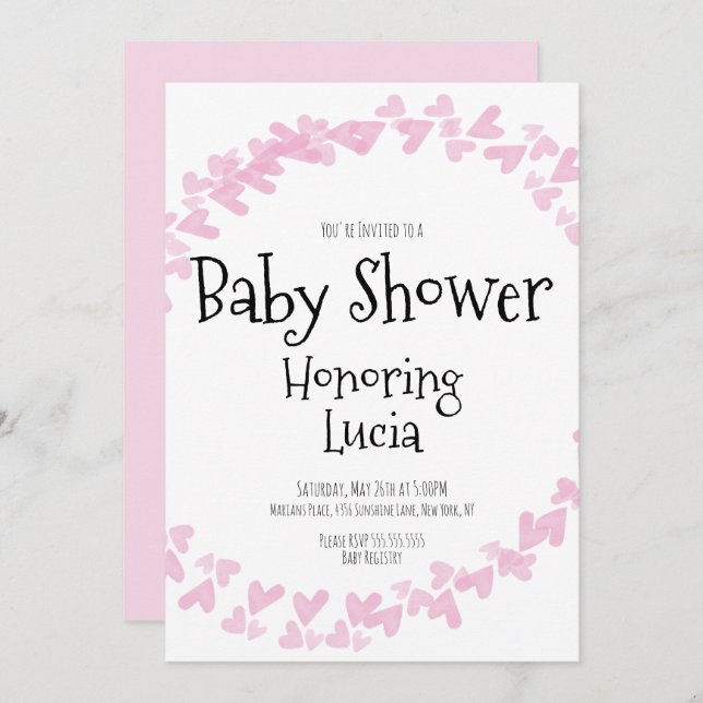 Convite Watercolor Hearts Stamp Wreath Chá de fraldas (Frente/Verso)