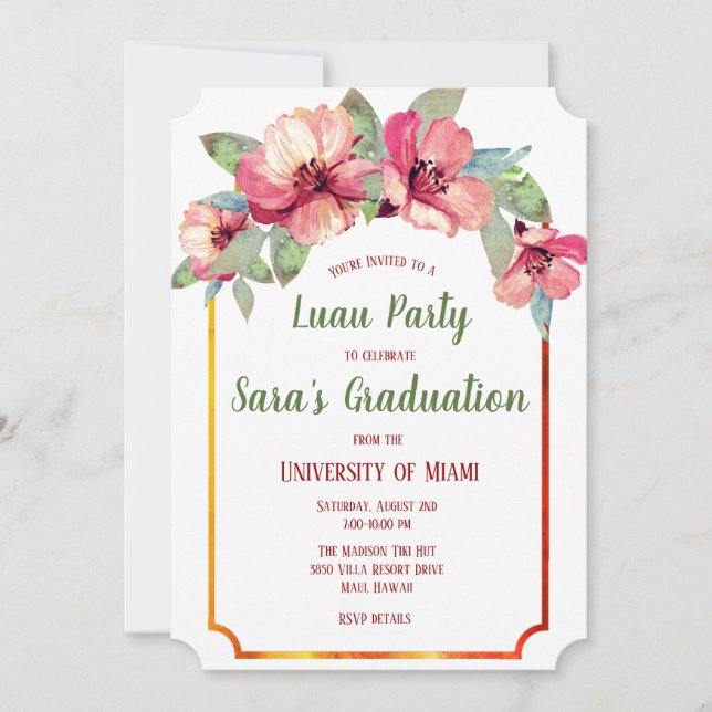 Convite Watercolor Hibiscus Luau Festa de formatura Invite (Frente)
