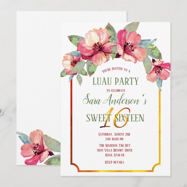 Convite Watercolor Hibiscus Partido Luau Sweet 16 B'day (Frente/Verso)